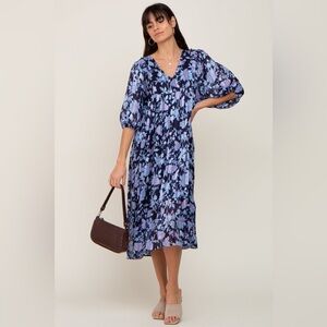 Navy Floral V-Neck Shimmer Maternity Midi Dress Women’s Size Large 3/4 Sleeves